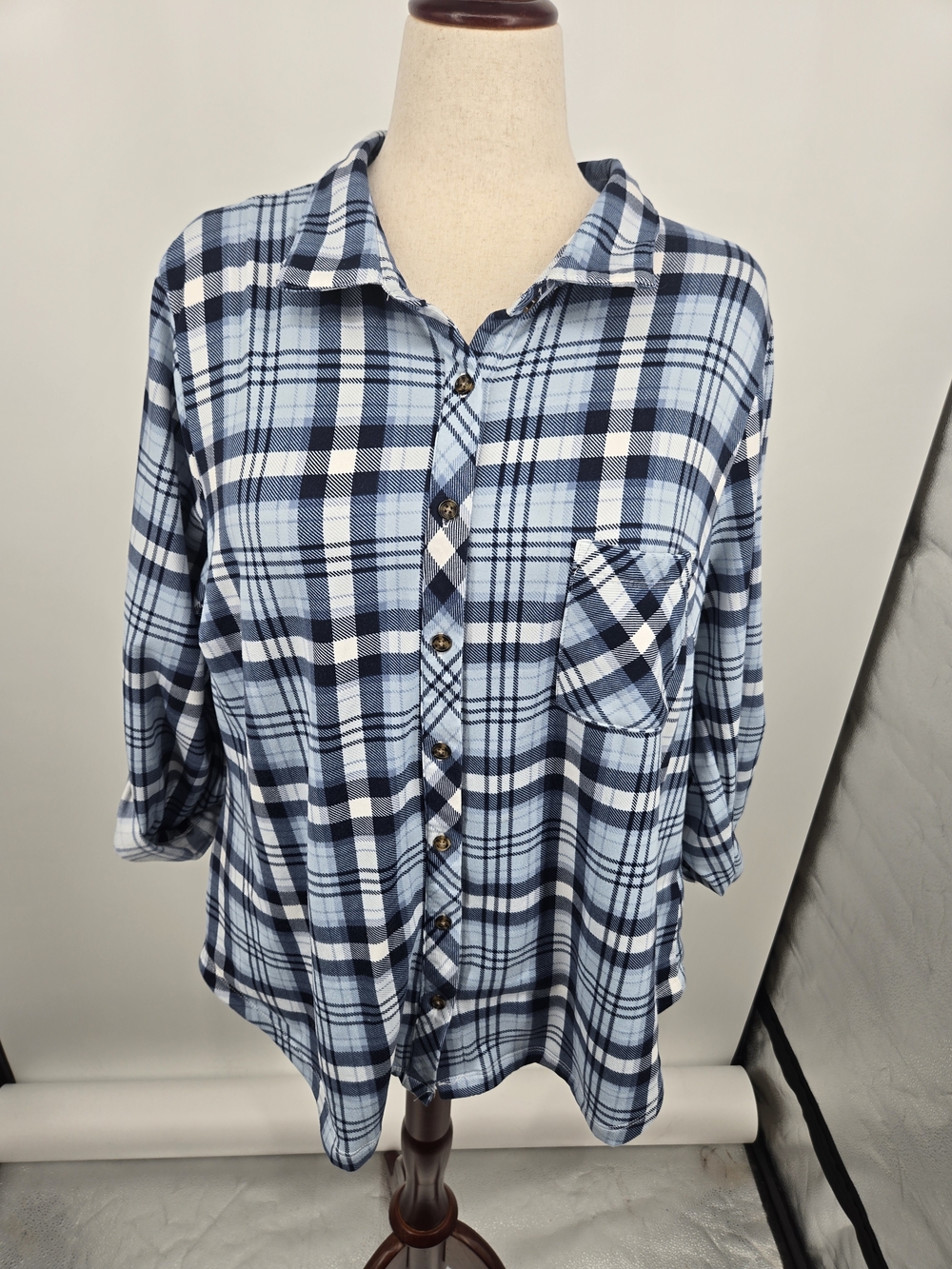 No Comment Blue Plaid Button-Down Shirt 3X (6773)